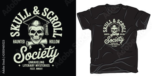 Skull and scroll graduation cap emblem for haunted hollow society vintage t-shirt design graphic