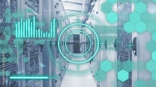 Server corridor showing turquoise UI appearing, reticle pulsing and scanning aisle for diagnostics