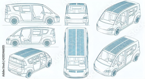 AutoCAD Solar Mini Van Blueprint – Public Transport Vehicle Multi View Cyan Outline