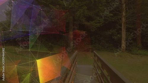 Camera moving along wooden bridge, polygon mesh sliding left and fading, revealing tree clearing