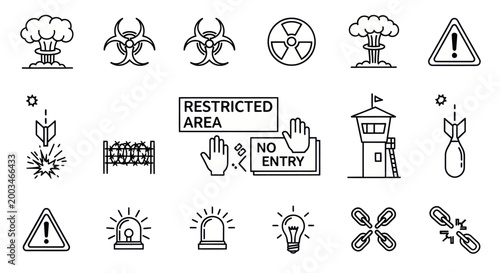 Danger Warning Icons Set: Explosion, Biohazard, Radiation, Restricted Area, Guard Tower, Bomb