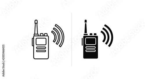 Portable walkie talkie radio communication icons with signal waves in outline and solid black vector graphic style