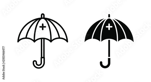 Medical insurance umbrella icon set featuring two variations in clean outline and solid black vector style for healthcare finance concepts and protection services illustrations