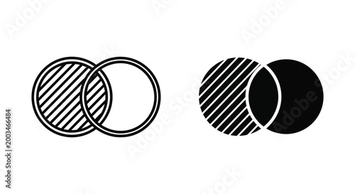 Venn diagram intersection icon set with two overlapping circles in outline and solid black vector styles for data analysis and logical relation concepts