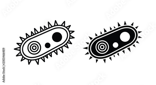 Biological virus or bacteria cell icon set with spike proteins in outline and solid black vector style for scientific research and microbiology education materials
