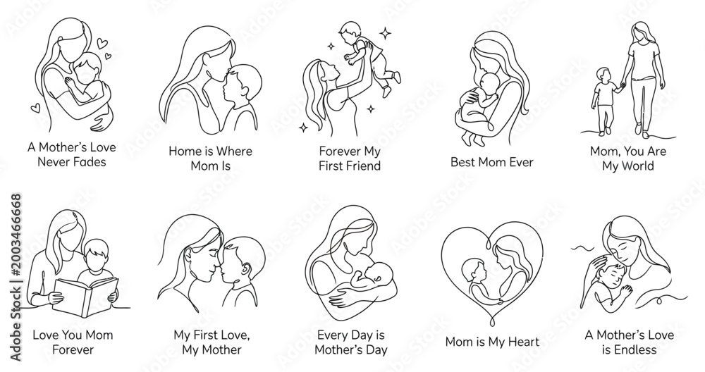 Obraz premium Minimalist mother and child line art collection with loving family moments, motherhood quotes, parenting illustrations and elegant outline designs for Mother’s Day celebration concept