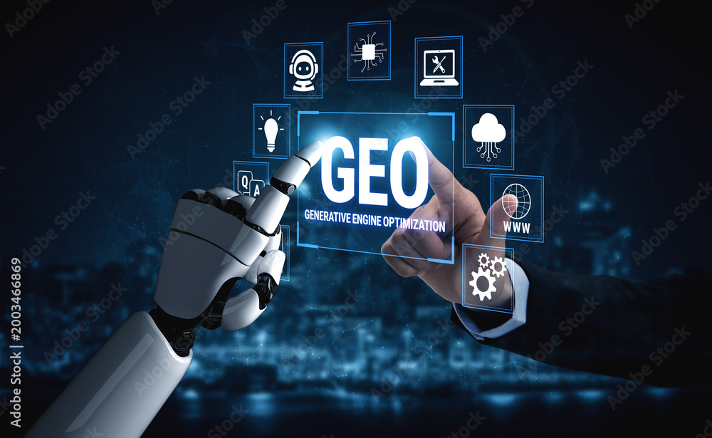 Naklejka premium Futuristic collaboration between a humanoid robot hand and a human hand symbolizing technological advancement in generative engine optimization and digital innovation Fluxor.