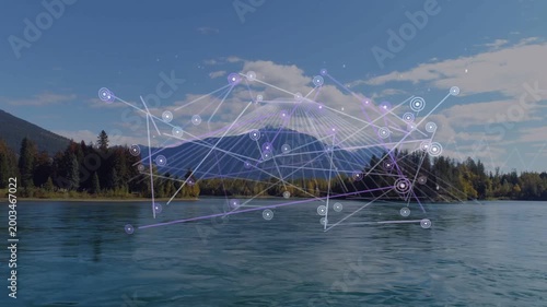 Faint network emerging over mountain and lake, nodes connecting and pulsing, visualizing terrain