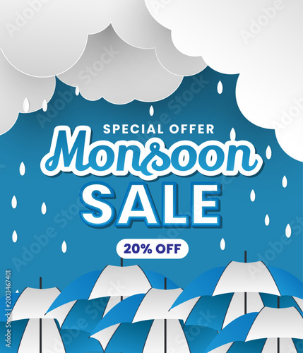 Monsoon sale advertisement with 20% off, featuring multiple umbrellas, raindrops, and clouds; discount promotion advertising a percentage-off shopping sale; seasonal background.
