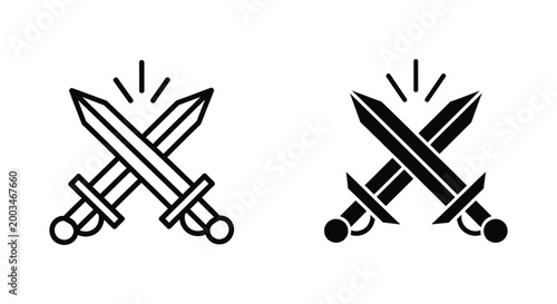 Crossed swords icon set for fantasy combat game and military historical warfare themes in bold black silhouette style for UI design