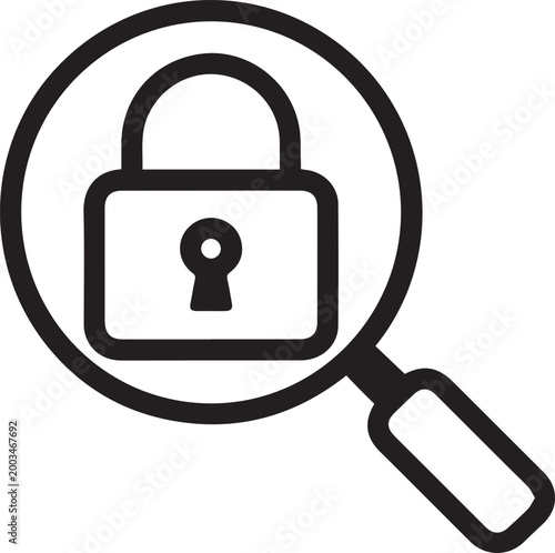 Secure Search Functionality Icon: Locked Magnifying Glass Vector Symbol for Privacy-Protected Data Discovery, Encrypted Search Features, Password-Protected Search Tools, Secure Database