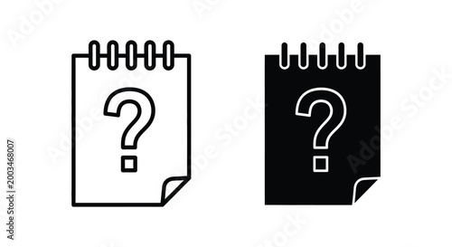 Notebook with question mark icon set in black and white styles representing study research and educational inquiry for academic planning