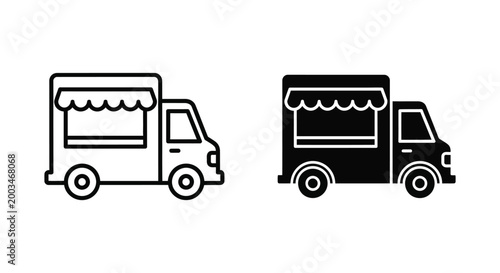 Food truck vehicle icon set in outline and solid black style for street food business and fast food delivery service digital menu design elements