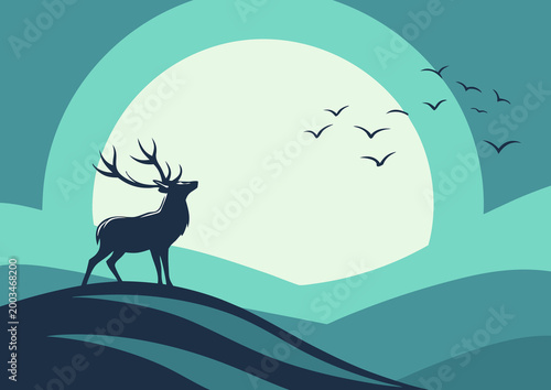 Deer In Moonlit Landscape Night Scene Illustration