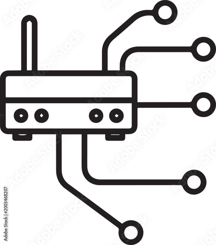 Premium High-Resolution Vector Icon Depicting a Modern Fiber-Optic Network Router with Multiple Connected Cables for IT Infrastructure, Network Design, Cybersecurity, Telecom Engineering