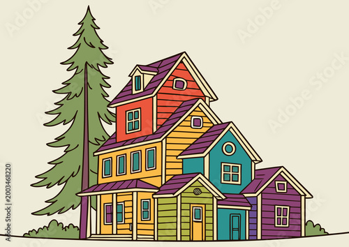Colorful Houses With Evergreen Trees Scenic Illustration
