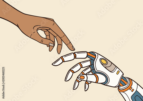 Human And Robot Hands Reaching For Connection Illustration