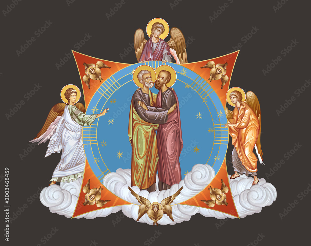 Obraz premium Saints Peter and Paul. Illustration in Byzantine style with angels and seraphim