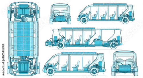 AutoCAD Solar Electric Shuttle Bus Blueprint – Three Sheet Public Transport Multi View Cyan Outline