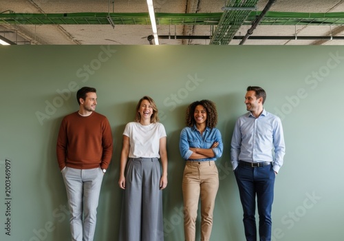 Group of diverse young colleagues laughing and talking against a green wall