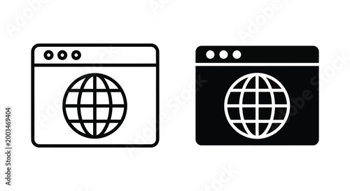 Web browser window icon with globe symbol in line and solid vector styles for internet and global connectivity