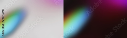 Holographic rainbow prism light leak isolated on transparent background, iridescent cyan pink magenta oval streak with soft spectrum glow, crystal lens effect overlay PNG