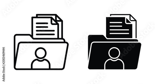 User folder icon with document pages and profile symbol in outline and solid black vector art