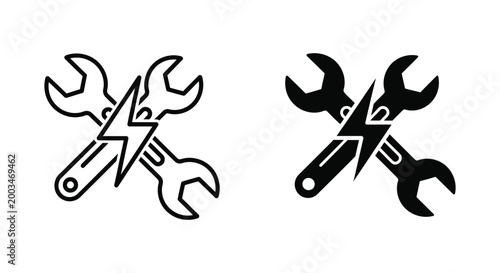 Crossed wrenches and lightning bolt icon outline and solid black vector for repair or service