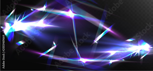 Abstract prism light refraction with glowing lens flare streaks holographic spectrum effect isolated on dark background
