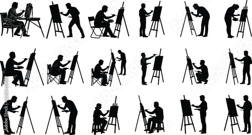 Artist painting silhouettes collection with people using easels, creative drawing poses and art studio scenes for illustration and artistic design projects