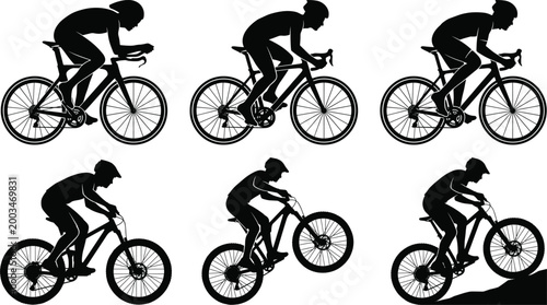 Cycling athlete silhouettes collection with road and mountain bikers in dynamic riding poses for sport, fitness and outdoor activity design projects