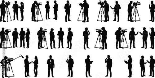 Media crew silhouettes collection with cameramen, reporters and interview scenes for journalism, broadcasting and video production design projects