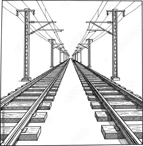 One point perspective illustration of parallel railway tracks with wooden ties and overhead power line poles receding to a vanishing point isolated on white.