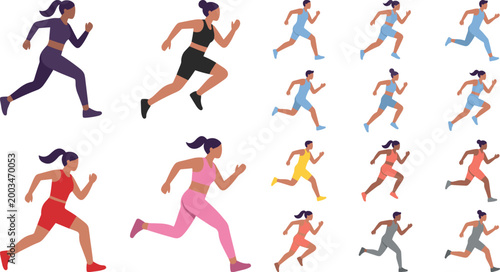 Canvastavla Running women illustration set with female athletes sprinting in dynamic motion,