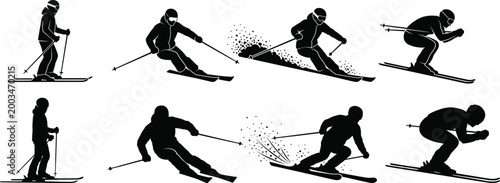 Skiing silhouettes collection with downhill skiers in dynamic motion, carving turns and winter sport action poses for fitness and competition design projects