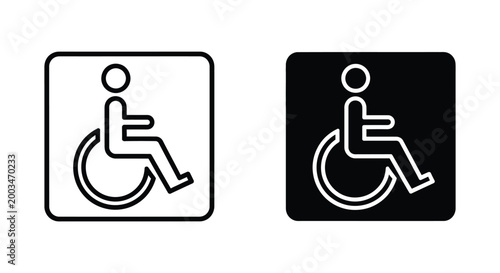Wheelchair accessible sign icon set featuring linear and solid vector graphics for universal accessibility signage design