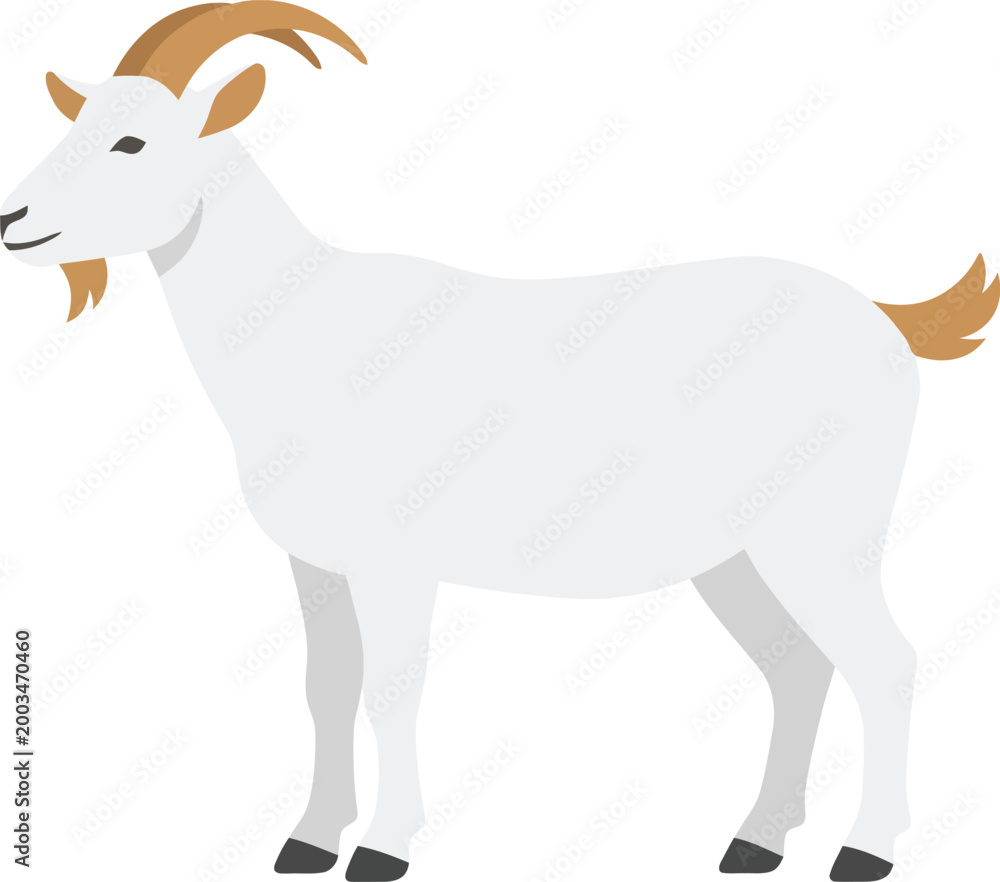 Fototapeta premium A simple cartoon illustration of a white goat with brown horns and beard standing sideways on a plain background.
