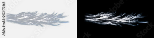 White wispy smoke wind streaks isolated on transparent background, silver flowing motion trail with feathered tendrils and abstract air swirl texture, atmosphere effect overlay PNG