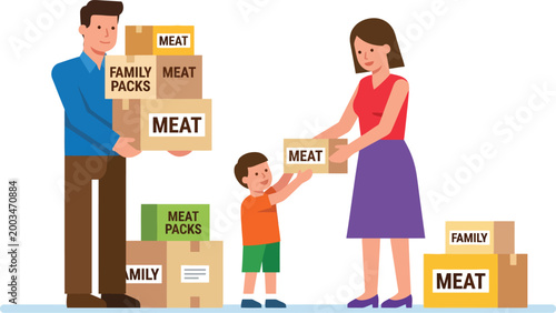 A family, including a father, mother, and child, is handling various boxes labeled 'MEAT' and 'FAMILY PACKS', suggesting grocery shopping or food distribution.