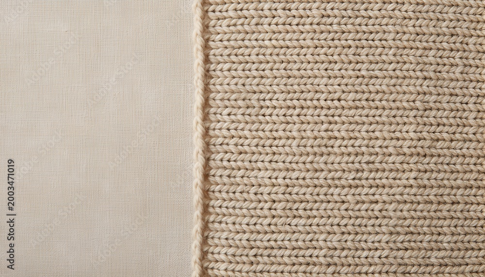 Fototapeta premium Flat Lay Knitted Stockinette Fabric Texture Warm Oatmeal Wool on Linen Surface with Copy Space