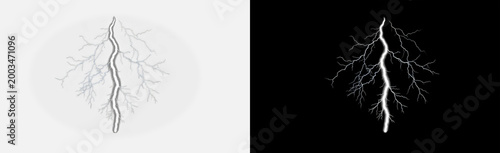White lightning bolt tree isolated on transparent background, monochrome electric thunder with wide branching plasma channels and stark minimal strike, storm effect overlay PNG