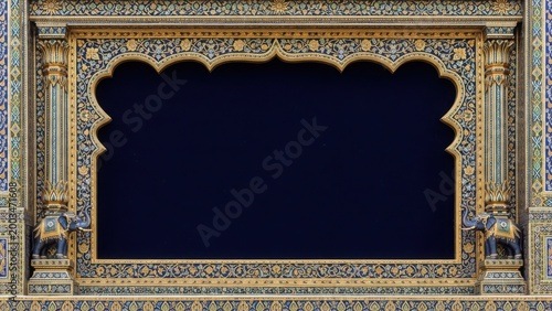 Ornate Indian Archway Frame with Blue and Gold Floral Pattern isolated on Transparent Background