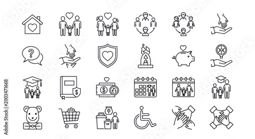 Family, Care, Support, Community, Charity, Protection, Education, Health Icons Set