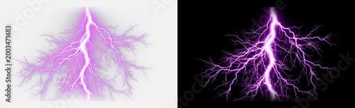 Purple lightning tree isolated on transparent background, violet fractal electric plasma with wide branching thunder channels and glowing neon burst, storm effect overlay PNG