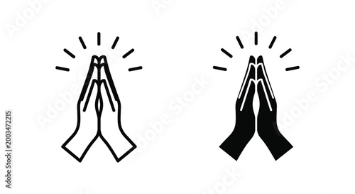 Praying hands icon with radiating light lines vector illustration outline and solid fill for hope and faith