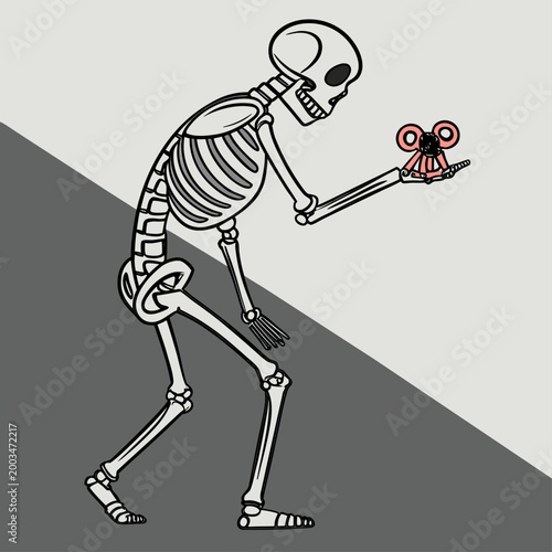 Skeleton holding butterfly with red eyes black white