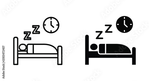 Person sleeping in bed with clock and zzz icon vector illustration line and solid