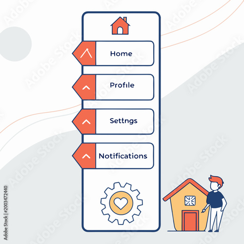 Mobile app navigation menu with house profile settings and notifications