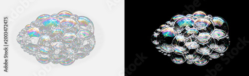 Transparent iridescent glass bubble cluster isolated on transparent background, holographic crystal sphere scatter with rainbow light refraction, luxury shimmer effect overlay PNG