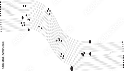 Flowing data transmission lines with circular nodes in a minimalist schematic design for technology and telecommunications conceptual visualization.